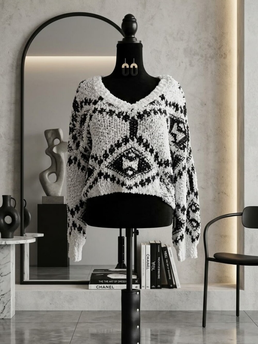 Rue21 Black & White Geometric V-Neck Sweater